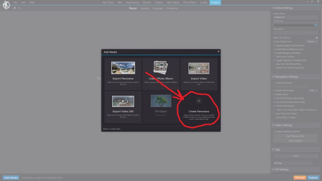 3DVista - Add Media - Create Panorama