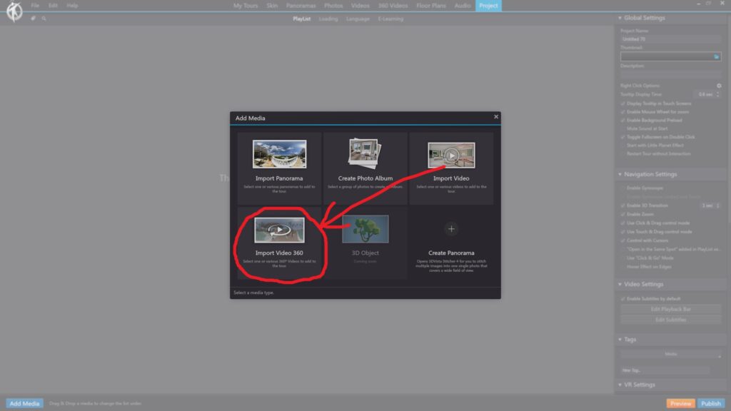 3DVista - Add Media - Import Video 360